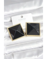 Pirinç Gold Renk Siyah Piramit Model Kadın Küpe