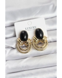 Pirinç Gold Renk Siyah Taşlı Vintage Kadın Küpe
