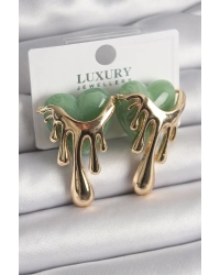 Pirinç Gold Renk Yeşil Sedefli Akan Kalp Model Kadın Küpe