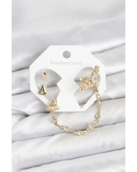 Pirinç Gold Renk Yıldızlı Model Zincir Bağlantılı Ear Cuff Küpe Seti