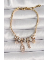 Pirinç Gold Renk Zincir Sallantı Zirkon Taşlı Messika Figür Yıldız Detay Kadın Bileklik