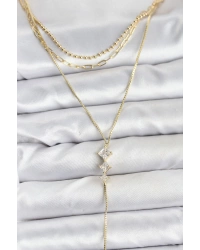 Pirinç Gold Renk Zirkon Taş Detaylı 3lü Kombin Y Kadın Kolye