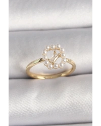 Pirinç Gold Renk Zirkon Taş Detaylı İncili Ayarlanabilir Yüzük