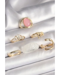 Pirinç Gold Renk Zirkon Taş Detaylı Pembe Mineli 6Lı Kadın Yüzük Seti