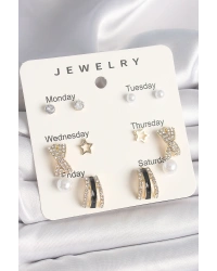 Pirinç Gold Renk Zirkon Taş Yıldız Detaylı İncili 7Li Set Kadın Küpe Seti