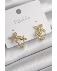 Pirinç Gold Renk Zirkon Taşlı 2Li Çiçek Model Kadın Küpe