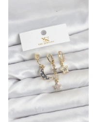 Pirinç Gold Renk Zirkon Taşlı Ay ve Yıldız Model YSX Trio Küpe Seti
