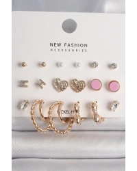 Pirinç Gold Renk Zirkon Taşlı Burug Halka Model İşlemeli Kalp Detay 9 Çift Kadın Küpe Seti