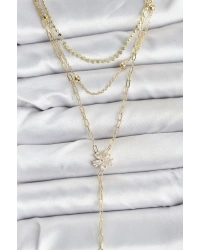 Pirinç Gold Renk Zirkon Taşlı Çiçek Model Detaylı 3lü Kombin Y Kadın Kolye