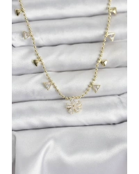 Pirinç Gold Renk Zirkon Taşlı Çiçek Model Kadın Kolye