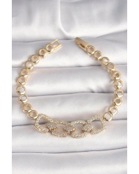 Pirinç Gold Renk Zirkon Taşlı Daire Zincir Model Kadın Bileklik