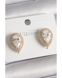 Pirinç Gold Renk Zirkon Taşlı Damla Model Kadın Küpe