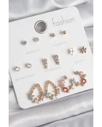 Pirinç Gold Renk Zirkon Taşlı Damla Model Yıldız Detaylı 7 Çift Kadın Küpe Seti