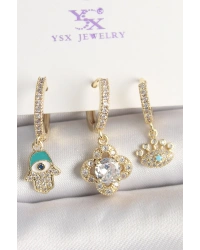 Pirinç Gold Renk Zirkon Taşlı Fatma Ana El Yonca Figür Göz Detay 3Lü Kadın Kombin Küpe