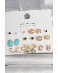 Pirinç Gold Renk Zirkon Taşlı Fiyonk Hilal Figür 9 Çift Kadın Küpe Seti