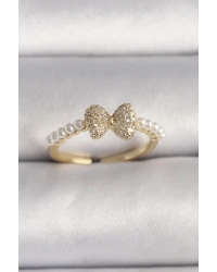 Pirinç Gold Renk Zirkon Taşlı Fiyonk İnci Detay Ayarlanabilir Yüzük