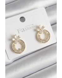 Pirinç Gold Renk Zirkon Taşlı Halka Model Çiçek Figür Kadın Küpe