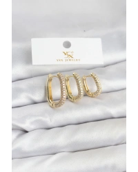 Pirinç Gold Renk Zirkon Taşlı Halka Model YSX Trio Küpe Seti