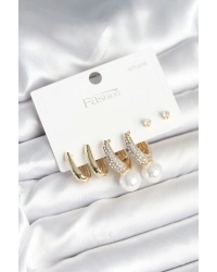 Pirinç Gold Renk Zirkon Taşlı İnci Detaylı 925 Ayar Gümüş Çivili Kadın Küpe Seti