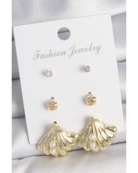 Pirinç Gold Renk Zirkon Taşlı İnci Detaylı Deniz Kabuğu Model 3 Çift Kadın Küpe Seti