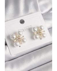 Pirinç Gold Renk Zirkon Taşlı İncili Kadın Küpe