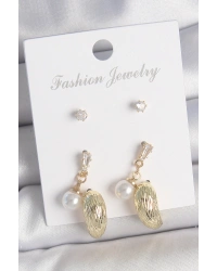 Pirinç Gold Renk Zirkon Taşlı İncili Sallantılı İşlemeli Damla Model 3 Çift Kadın Küpe Seti