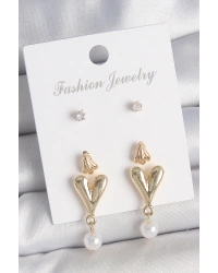 Pirinç Gold Renk Zirkon Taşlı İncili Sallantılı Kalp Model 3 Çift Kadın Küpe Seti