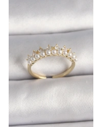 Pirinç Gold Renk Zirkon Taşlı İncili Taç Model Ayarlanabilir Kadın Yüzük