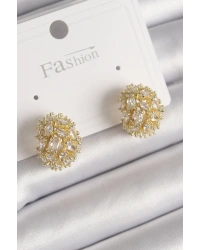 Pirinç Gold Renk Zirkon Taşlı Kadın Küpe