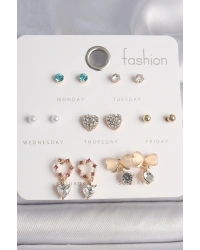 Pirinç Gold Renk Zirkon Taşlı Kalp Beyaz Mineli Fiyonk Figür 7 Çift Kadın Küpe Seti