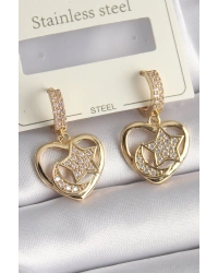 Pirinç Gold Renk Zirkon Taşlı Kalp Model Ay Yıldız İşleme Kadın Küpe