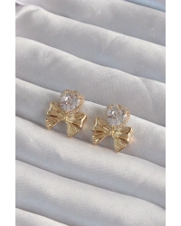 Pirinç Gold Renk Zirkon Taşlı Kalp Model Fiyonk Küpe