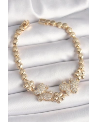 Pirinç Gold Renk Zirkon Taşlı Kelebek Figür Çiçek Zincir Model Kadın Bileklik