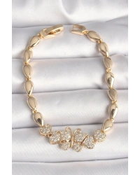 Pirinç Gold Renk Zirkon Taşlı Kelebek Figür Damla Zincir Model Kadın Bileklik