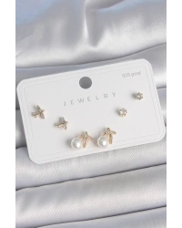 Pirinç Gold Renk Zirkon Taşlı Kelebek Model İnci Detay 925 Ayar Gümüş Çivi Kadın Küpe Seti