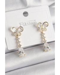 Pirinç Gold Renk Zirkon Taşlı Kelebek Model Sallantı Damla Zirkon Taş Kadın Küpe