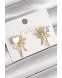 Pirinç Gold Renk Zirkon Taşlı Kurdele Model Kadın Küpe