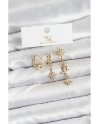 Pirinç Gold Renk Zirkon Taşlı Kutup Yıldızı Model YSX Trio Küpe Seti