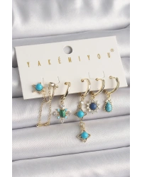 Pirinç Gold Renk Zirkon Taşlı Mavi Boncuklu Çiçek Model VIP Seri Kadın Küpe Kombini