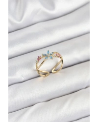 Pirinç Gold Renk Zirkon Taşlı Mavi Çiçekli Kadın Yüzük