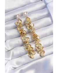 Pirinç Gold Renk Zirkon Taşlı Minimal Deniz Kabuklu Sallantılı Küpe