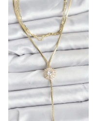 Pirinç Gold Renk Zirkon Taşlı Papatya Model Detaylı 3lü Kombin Y Kadın Kolye