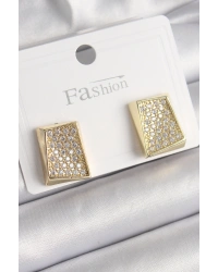 Pirinç Gold Renk Zirkon Taşlı Plaka Model Kadın Küpe