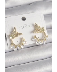 Pirinç Gold Renk Zirkon Taşlı Sallantı Detay Kelebek Model Kadın Küpe