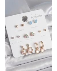 Pirinç Gold Renk Zirkon Taşlı Sallantı Halka Figür Kalp Detay 7 Çift Kadın Küpe