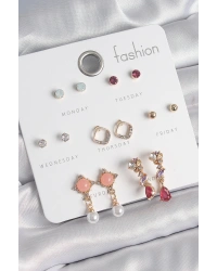 Pirinç Gold Renk Zirkon Taşlı Sallantı İnci Detay 7 Çift Kadın Küpe