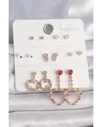 Pirinç Gold Renk Zirkon Taşlı Sallantı Kalp Figür 7 Çift Kadın Küpe Seti