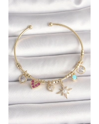 Pirinç Gold Renk Zirkon Taşlı Sallantı Kutup Yıldız Figür İnci Detay Charm Kadın Bileklik