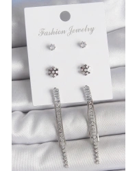 Pirinç Gold Renk Zirkon Taşlı Sallantılı Çiçek Detay 3 Çfit Kadın Küpe Seti