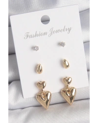 Pirinç Gold Renk Zirkon Taşlı Sallantılı Kalp Model 3 Çift Kadın Küpe Seti